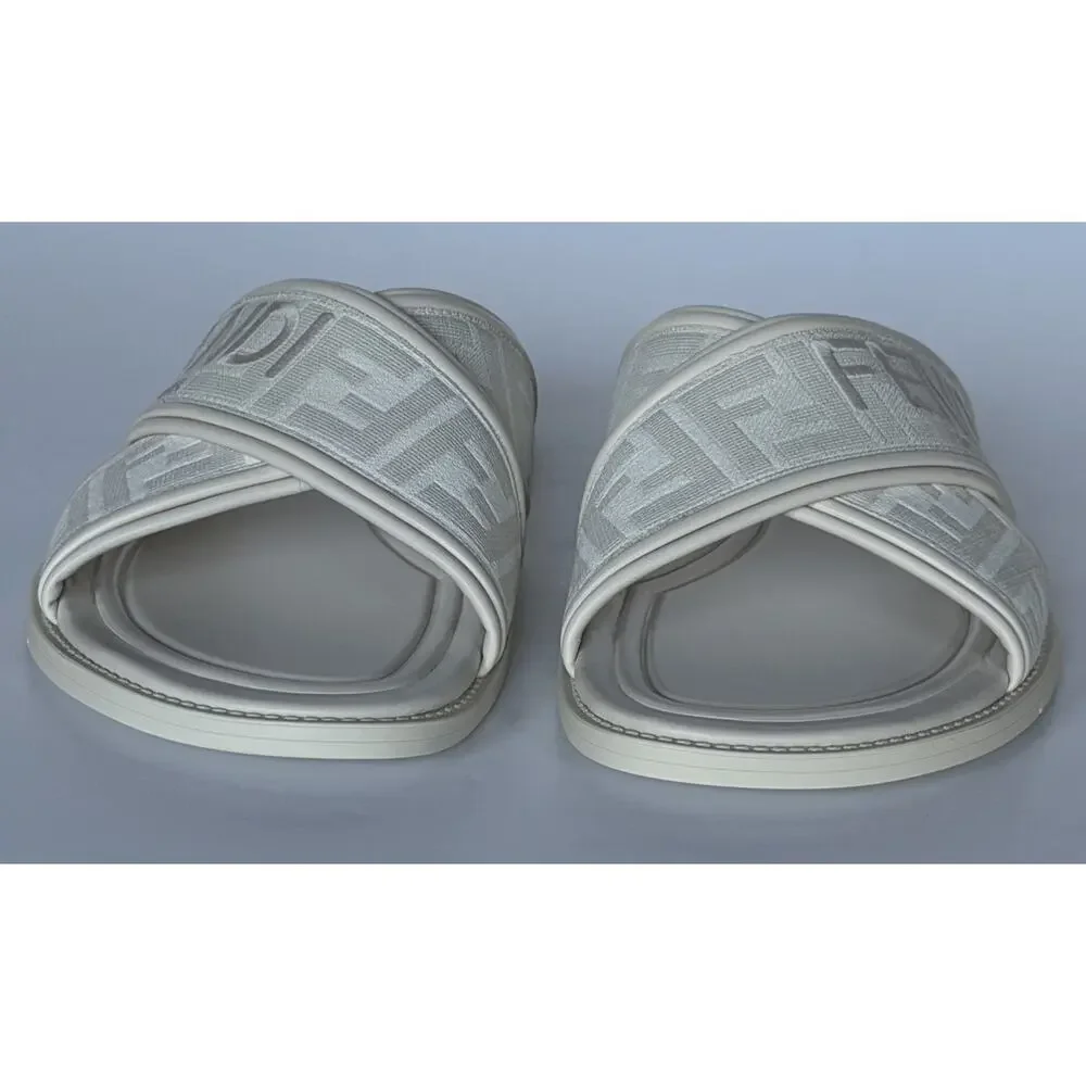 Fendi Men's FF Leather/Fabric Ivory Slide Sandals 8 US/7 UK IT 7X1548 NIB $730